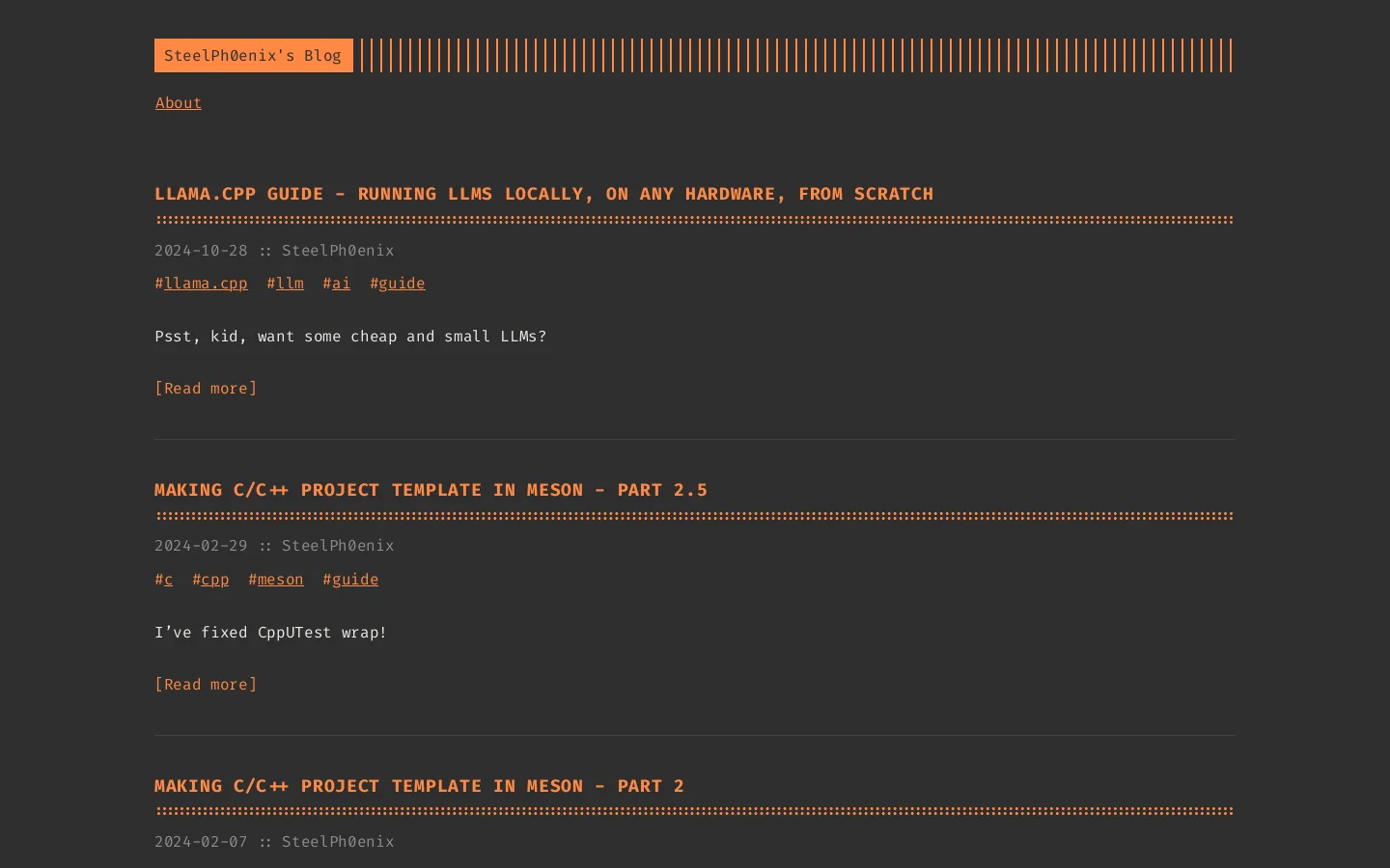 llama.cpp guide blog.steelph0enix.dev Psst, kid, want some cheap and small LLMs? ↗ Homepage screenshot