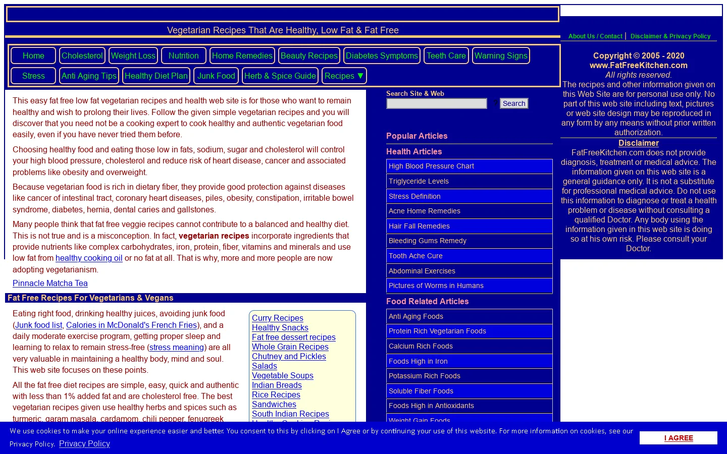 Healthy Fat Free & Low Fat Vegetarian Recipes Homepage screenshot