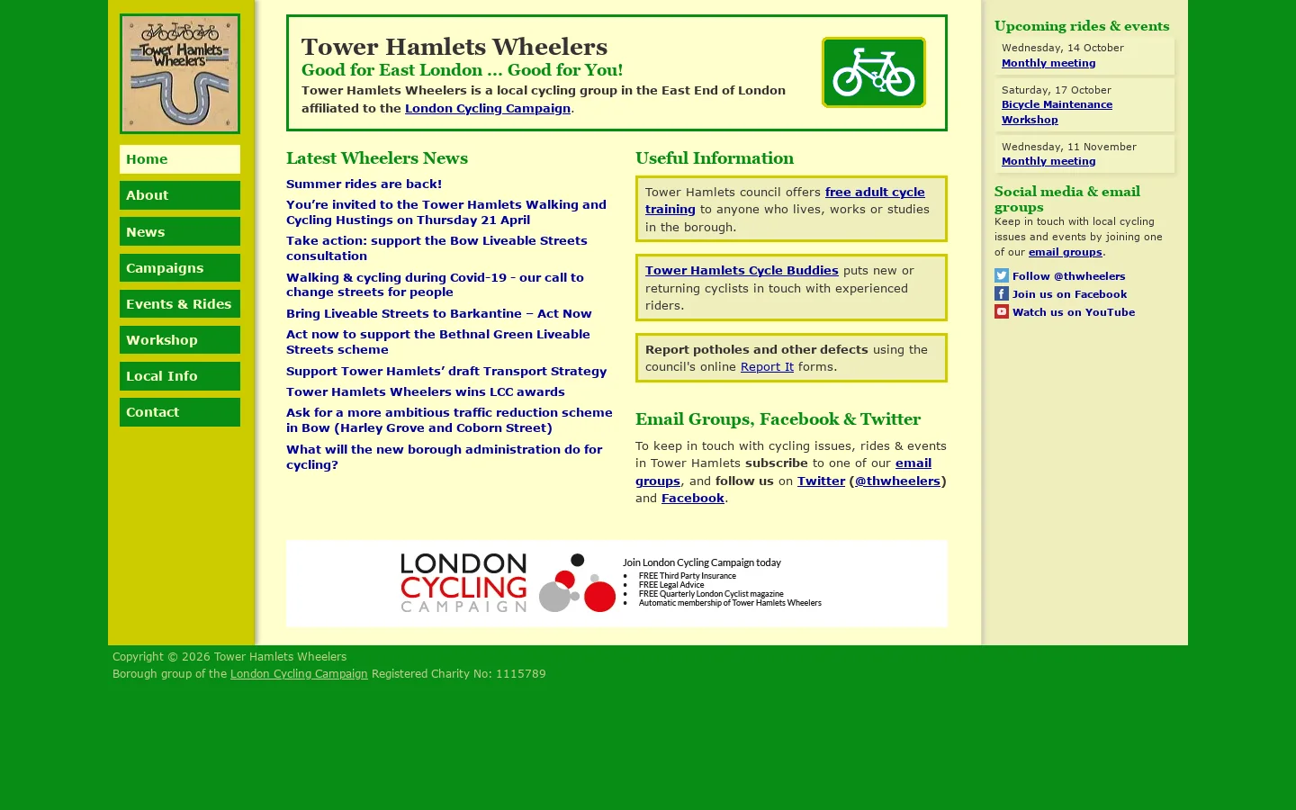 Tower Hamlets Wheelers Homepage screenshot