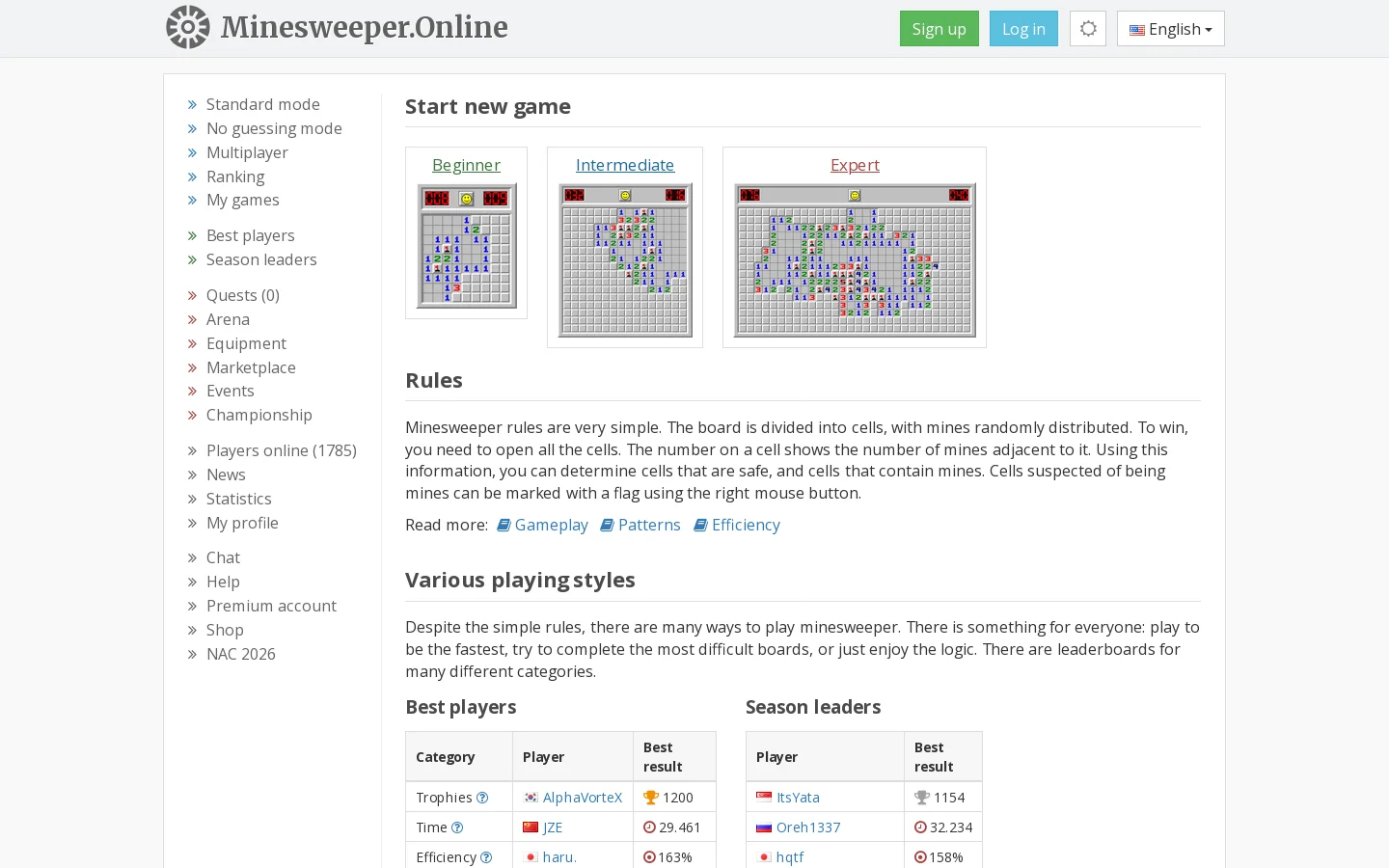 Minesweeper Online Homepage screenshot