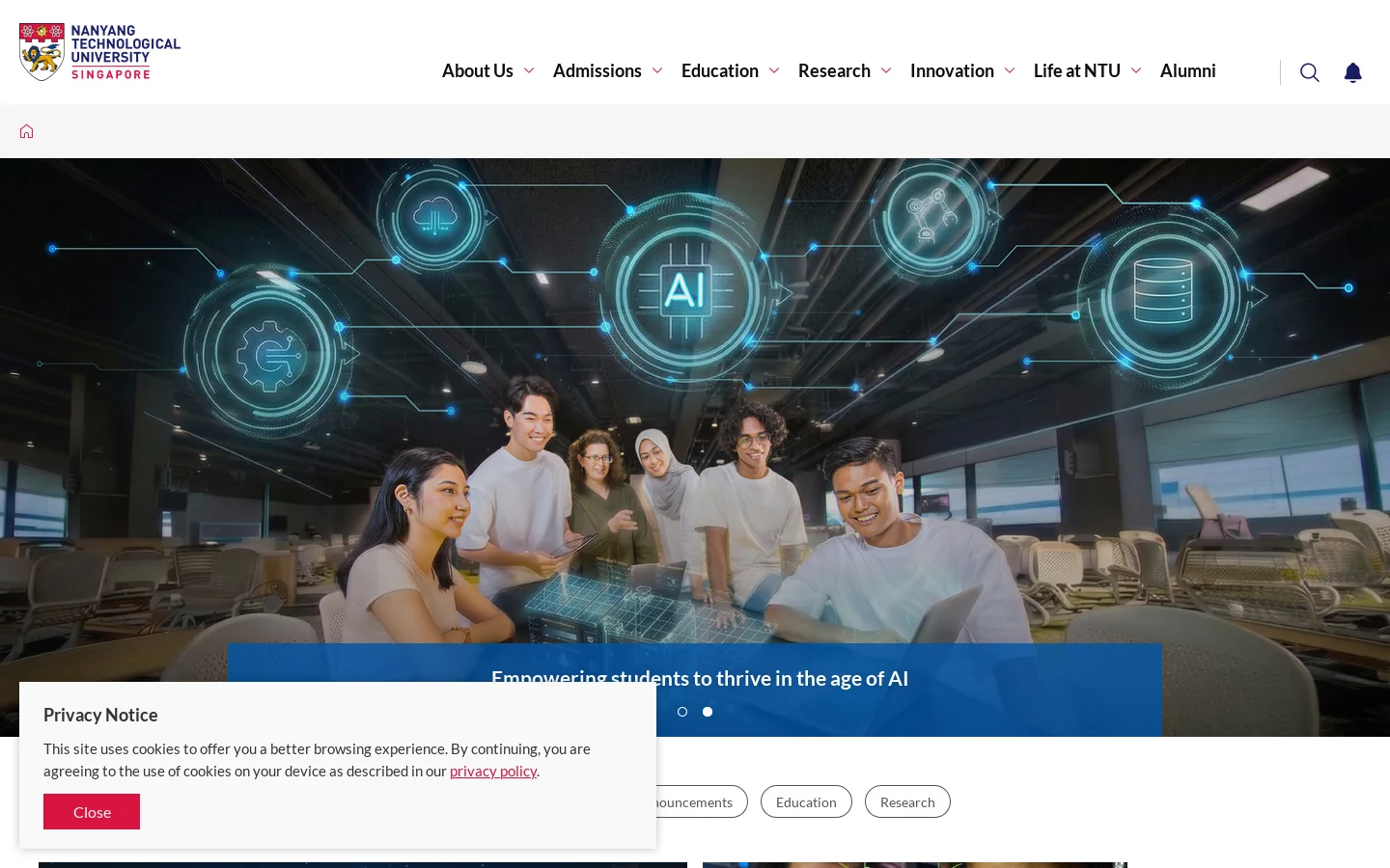 NTU Singapore Homepage screenshot