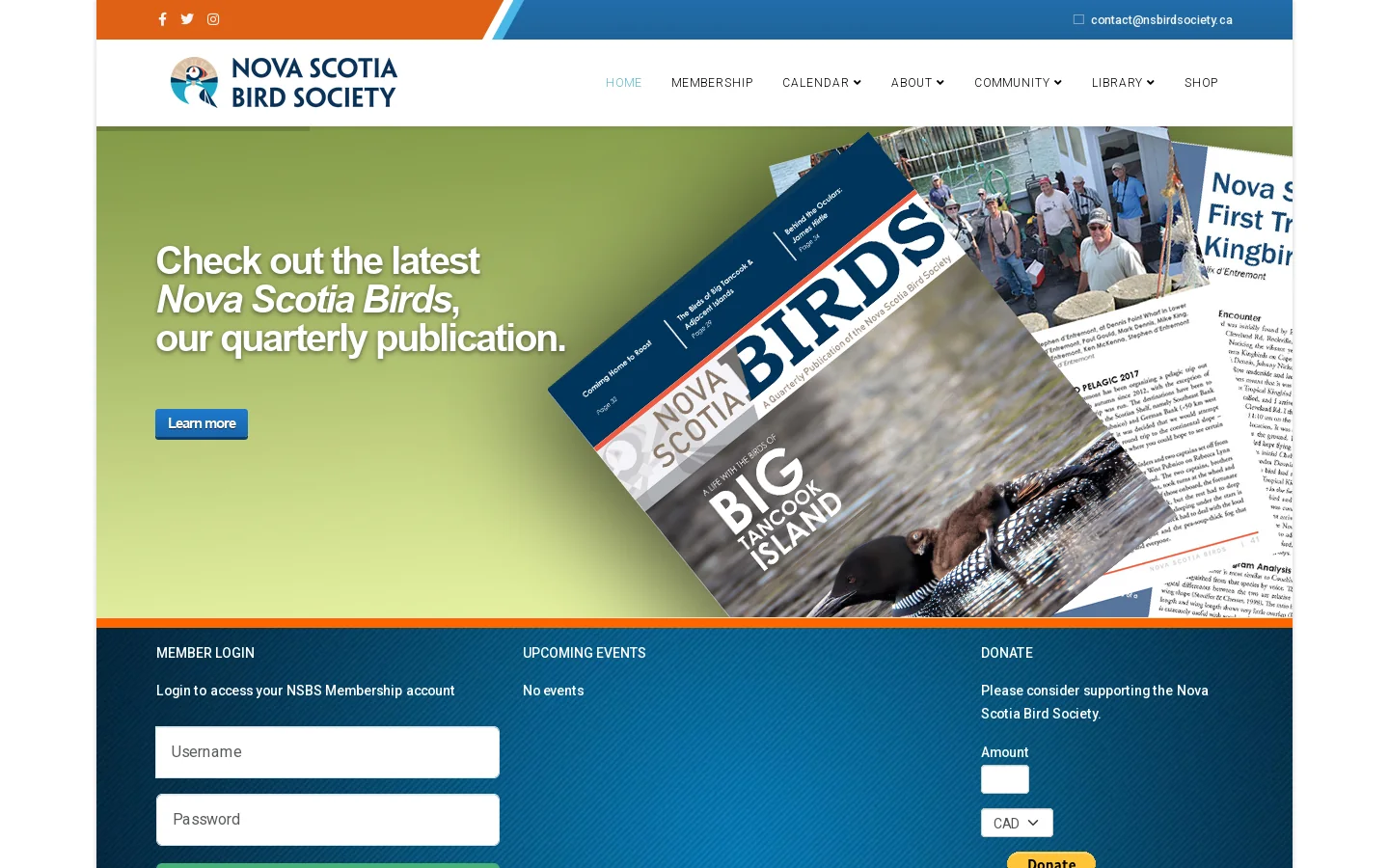 Welcome to the Nova Scotia Bird Society. Homepage screenshot