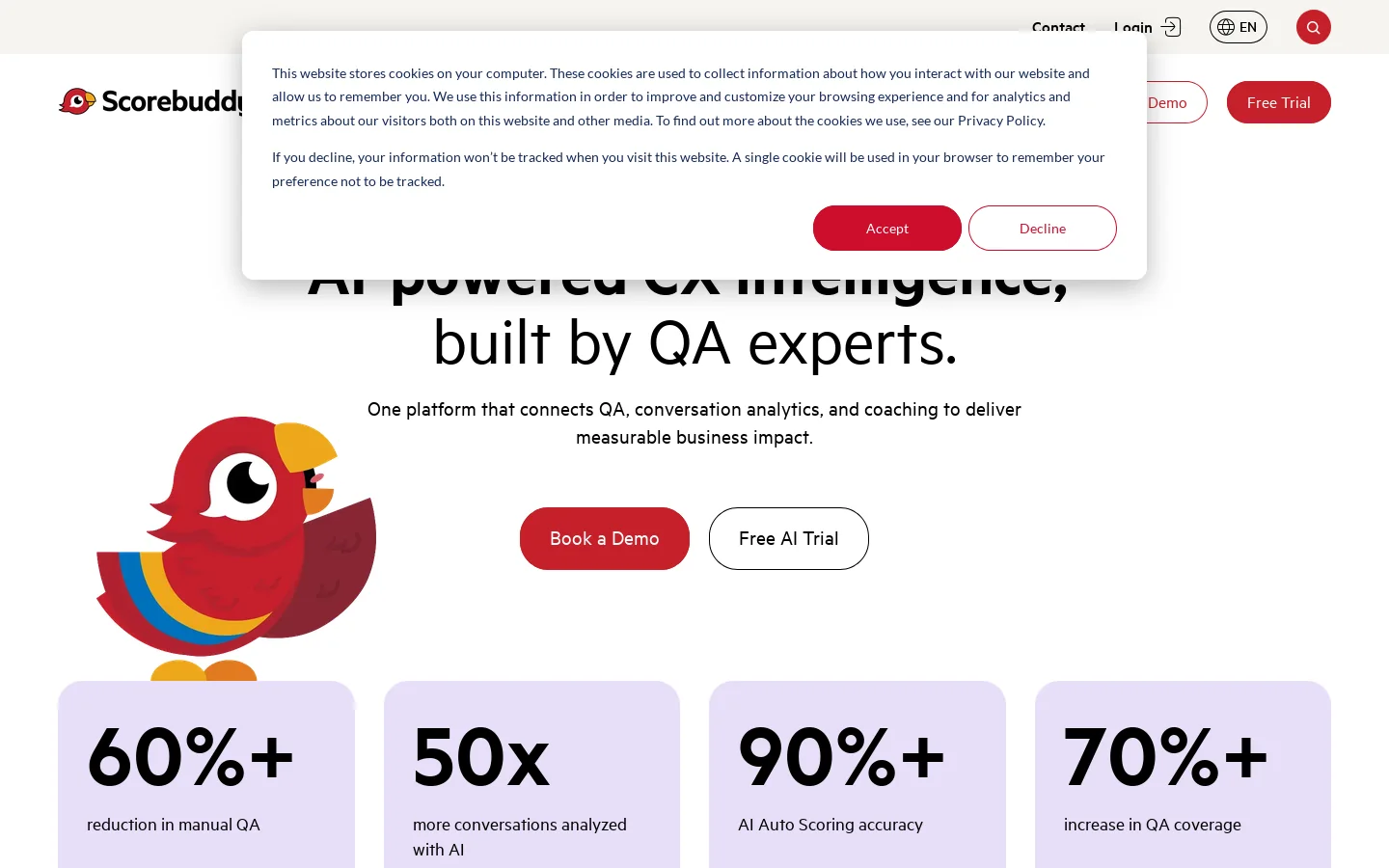 CX Intelligence Platform & AI Contact Center QA Software - Scorebuddy Homepage screenshot