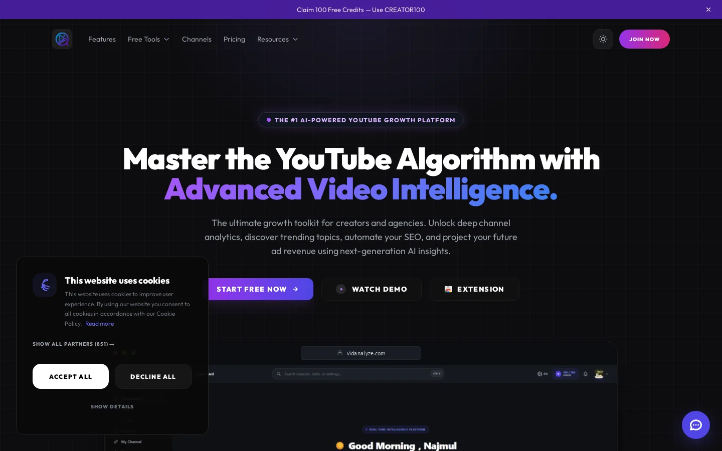 Vidanalyze Homepage screenshot