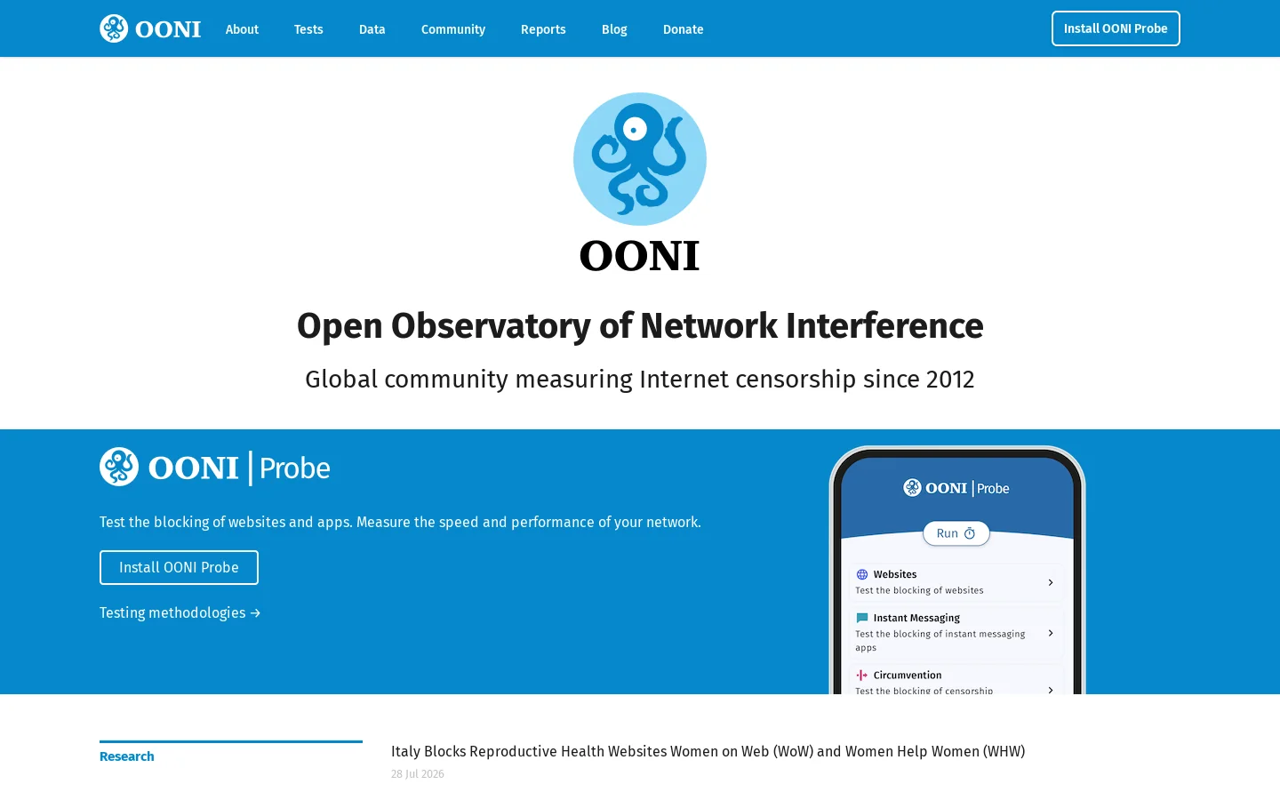 OONI Homepage screenshot