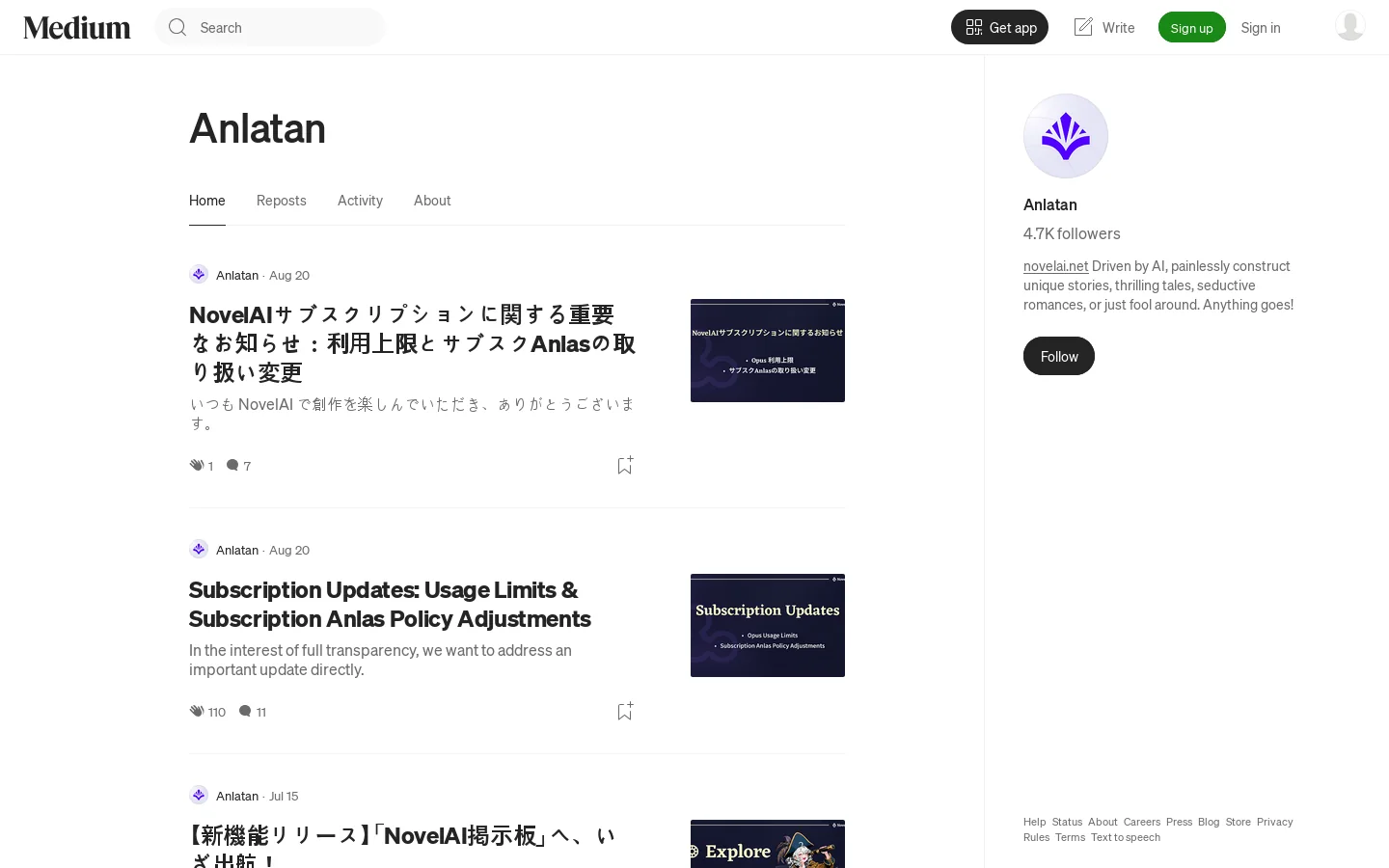 Anlatan – Medium Homepage screenshot