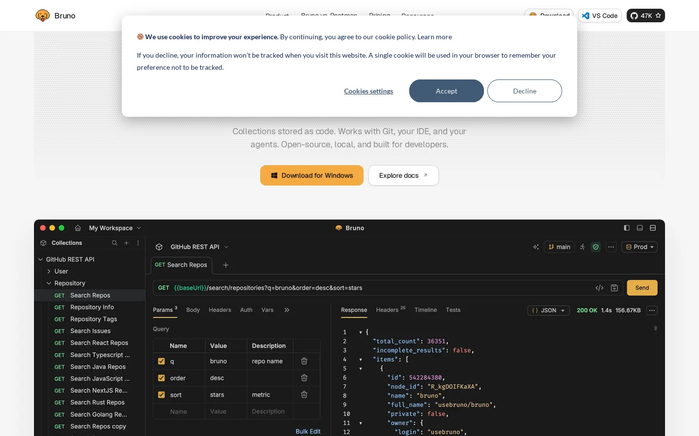Bruno - The Git-Native API Client Homepage screenshot
