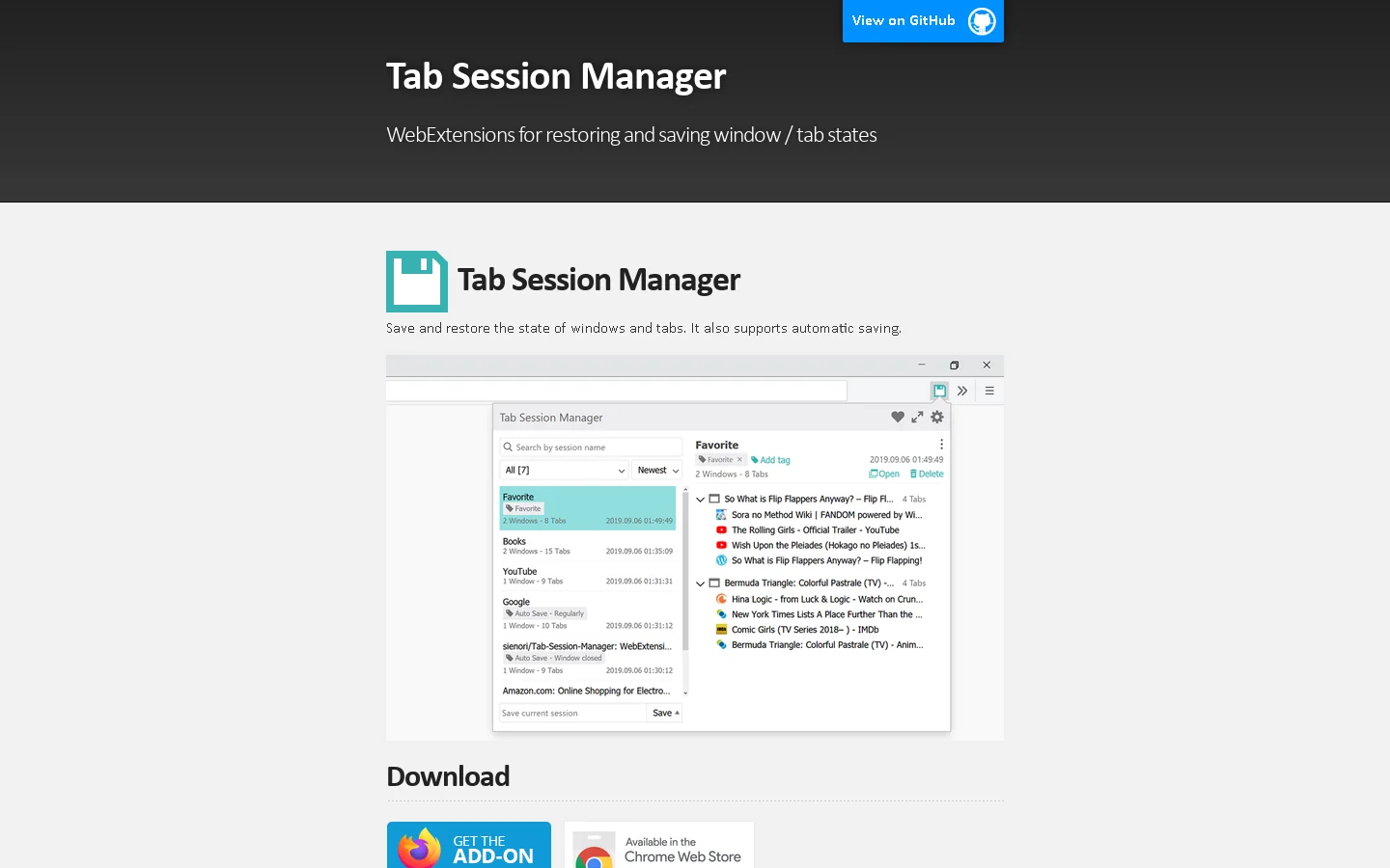 Tab Session Manager Homepage screenshot