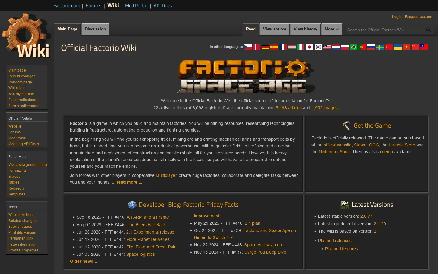 Official Factorio Wiki Homepage screenshot