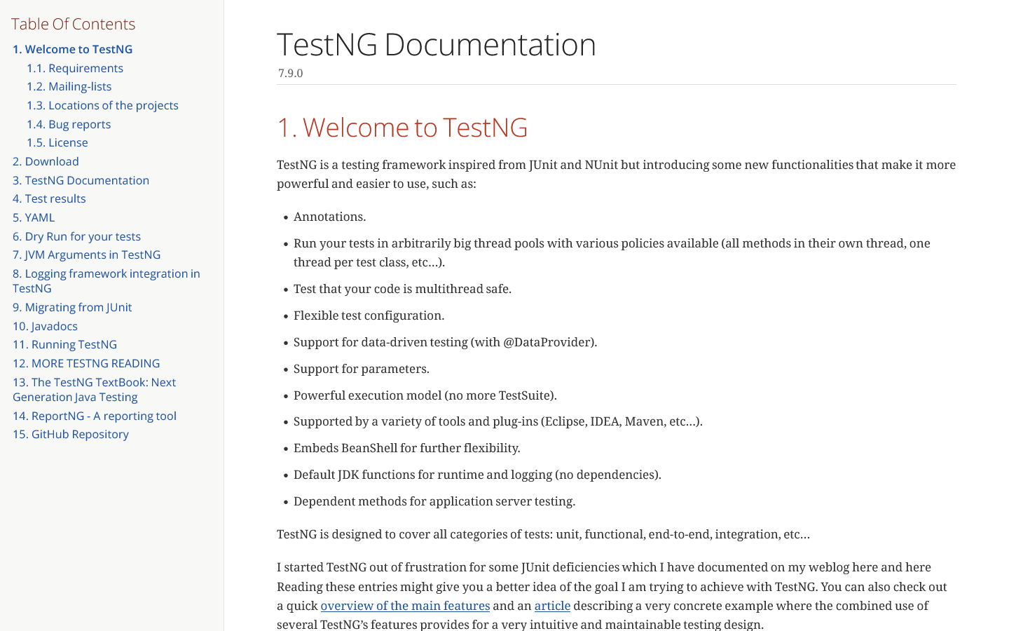 TestNG Documentation Homepage screenshot