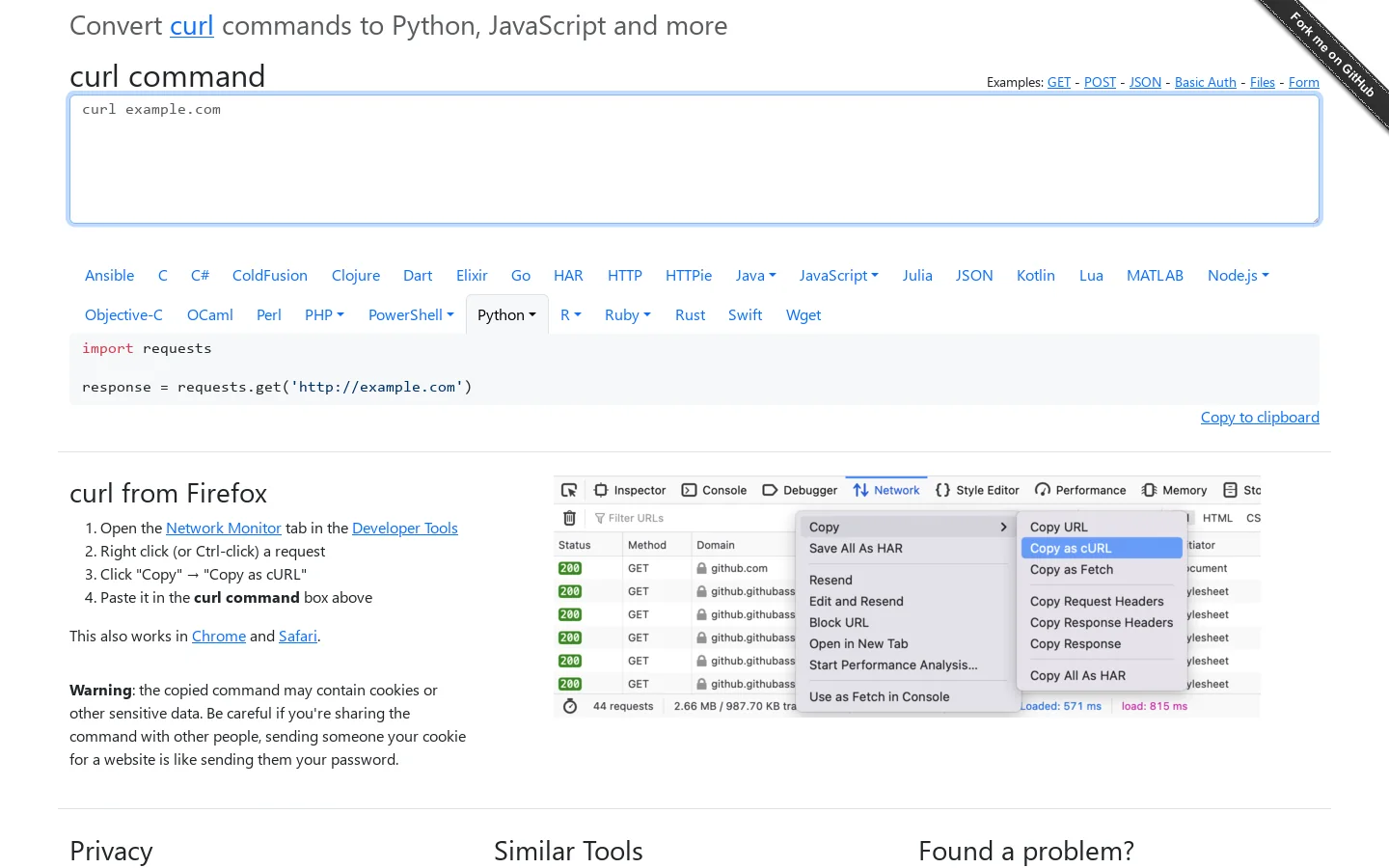 Convert curl commands to code Homepage screenshot