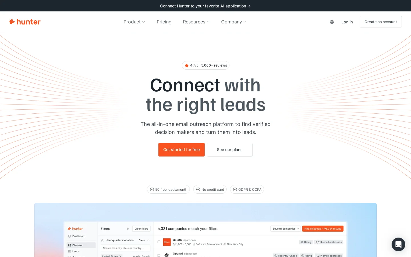 Find email addresses and send cold emails • Hunter Homepage screenshot