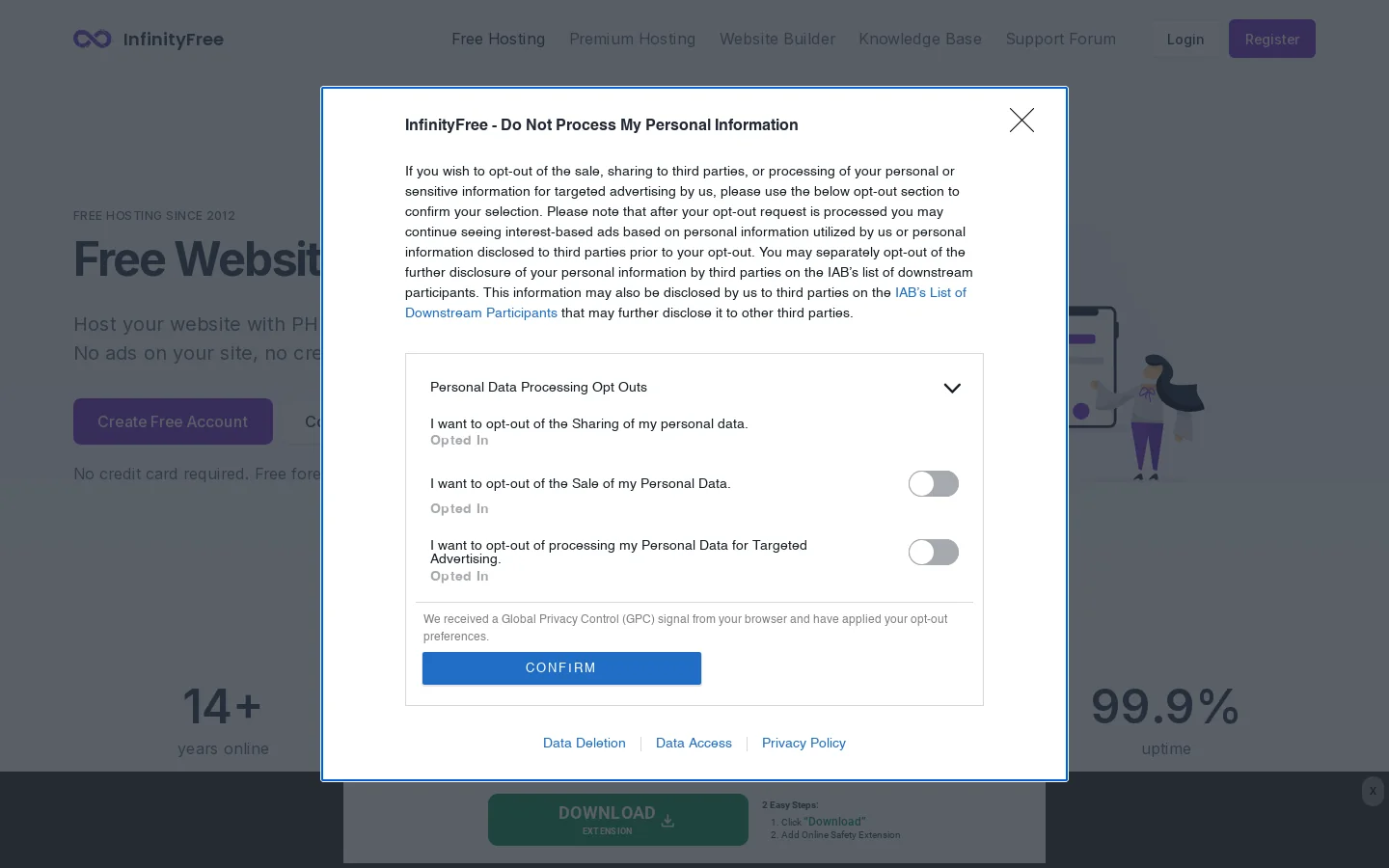 InfinityFree Homepage screenshot