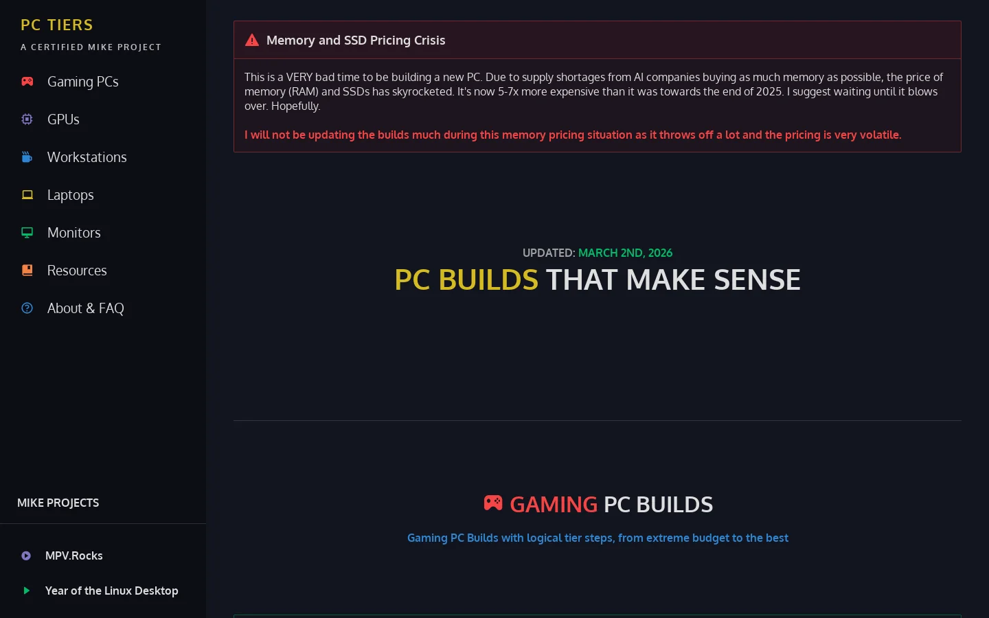 PC Tiers Homepage screenshot