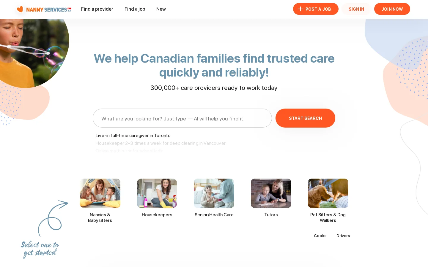 Nanny Services Homepage screenshot