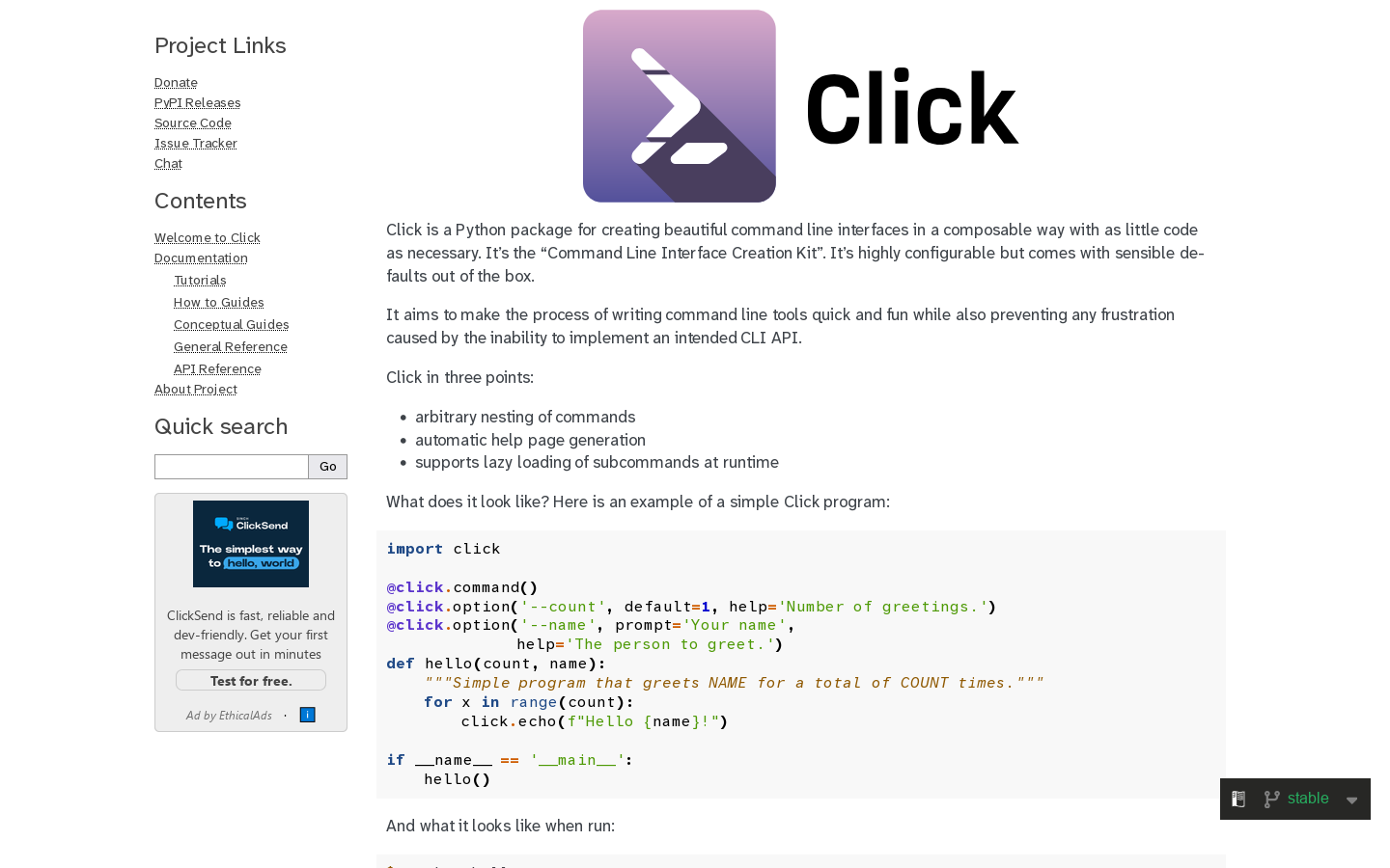 Click Documentation (8.5.x) Homepage screenshot