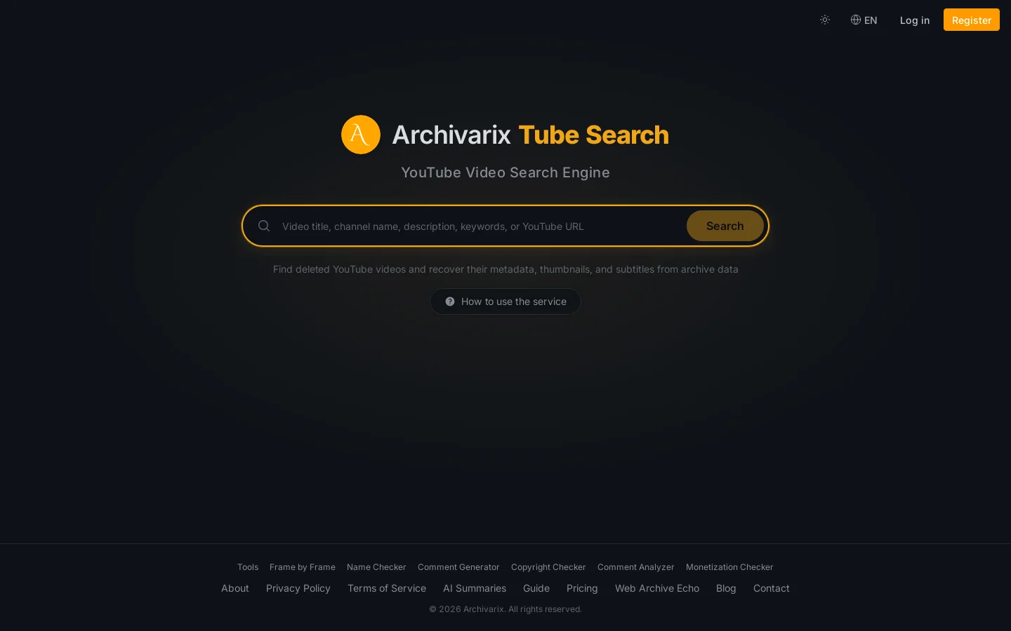 Archivarix Tube Search — Find Deleted YouTube Videos Homepage screenshot