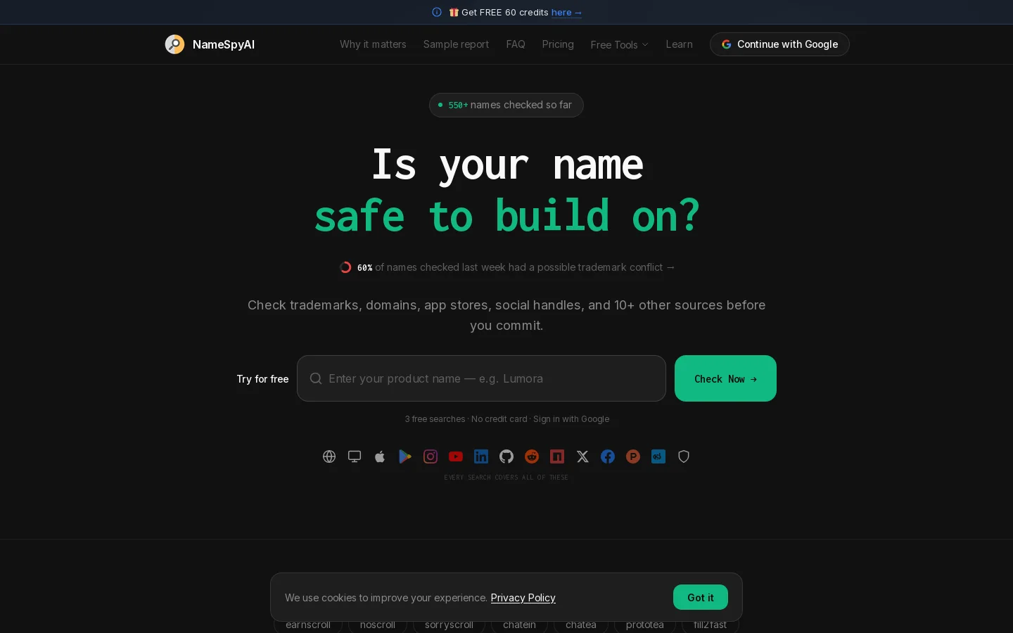 NameSpyAI Homepage screenshot