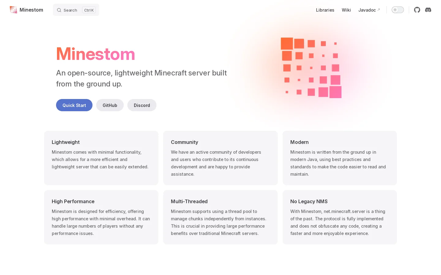 Minestom Homepage screenshot