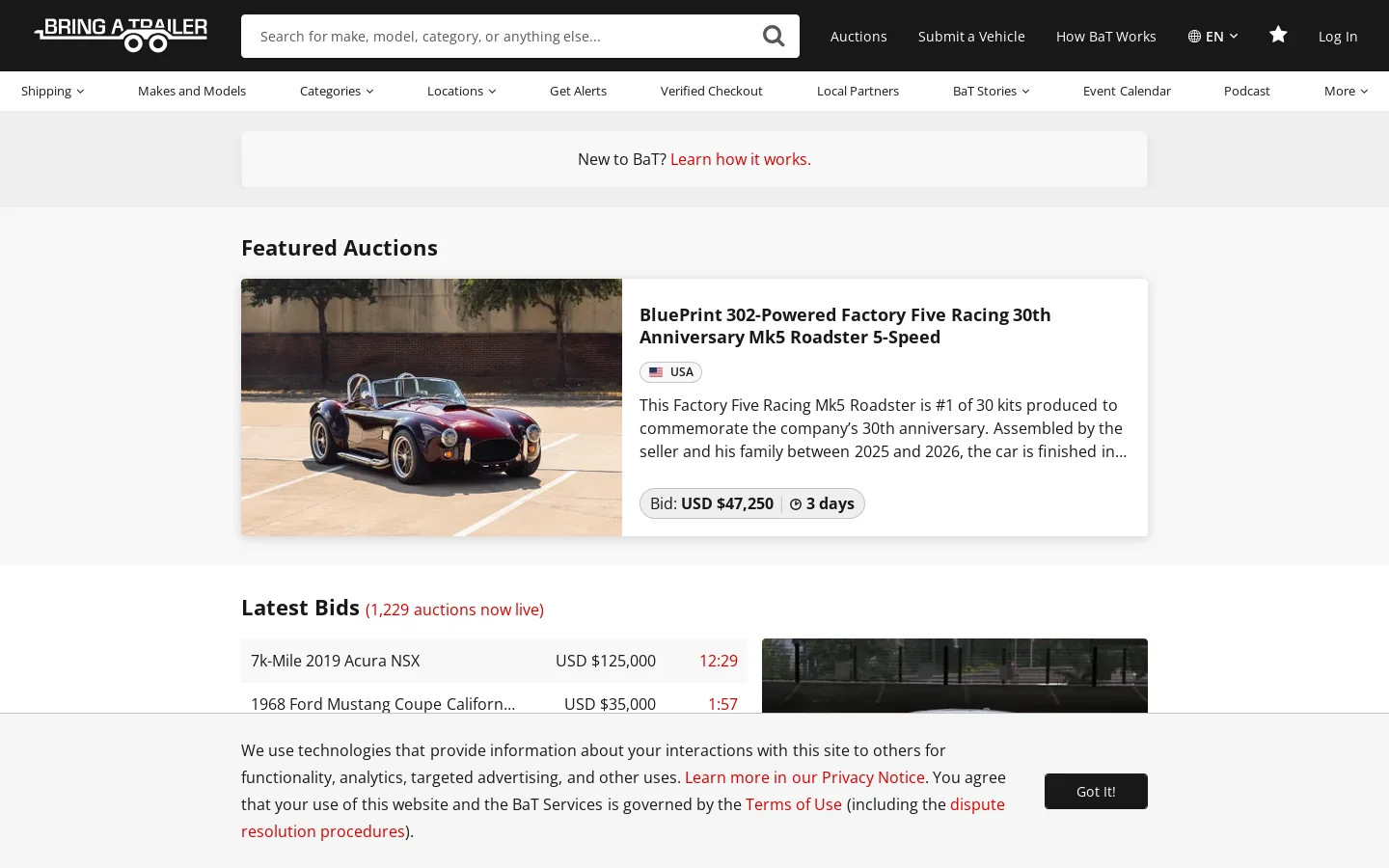 Bring a Trailer Homepage screenshot