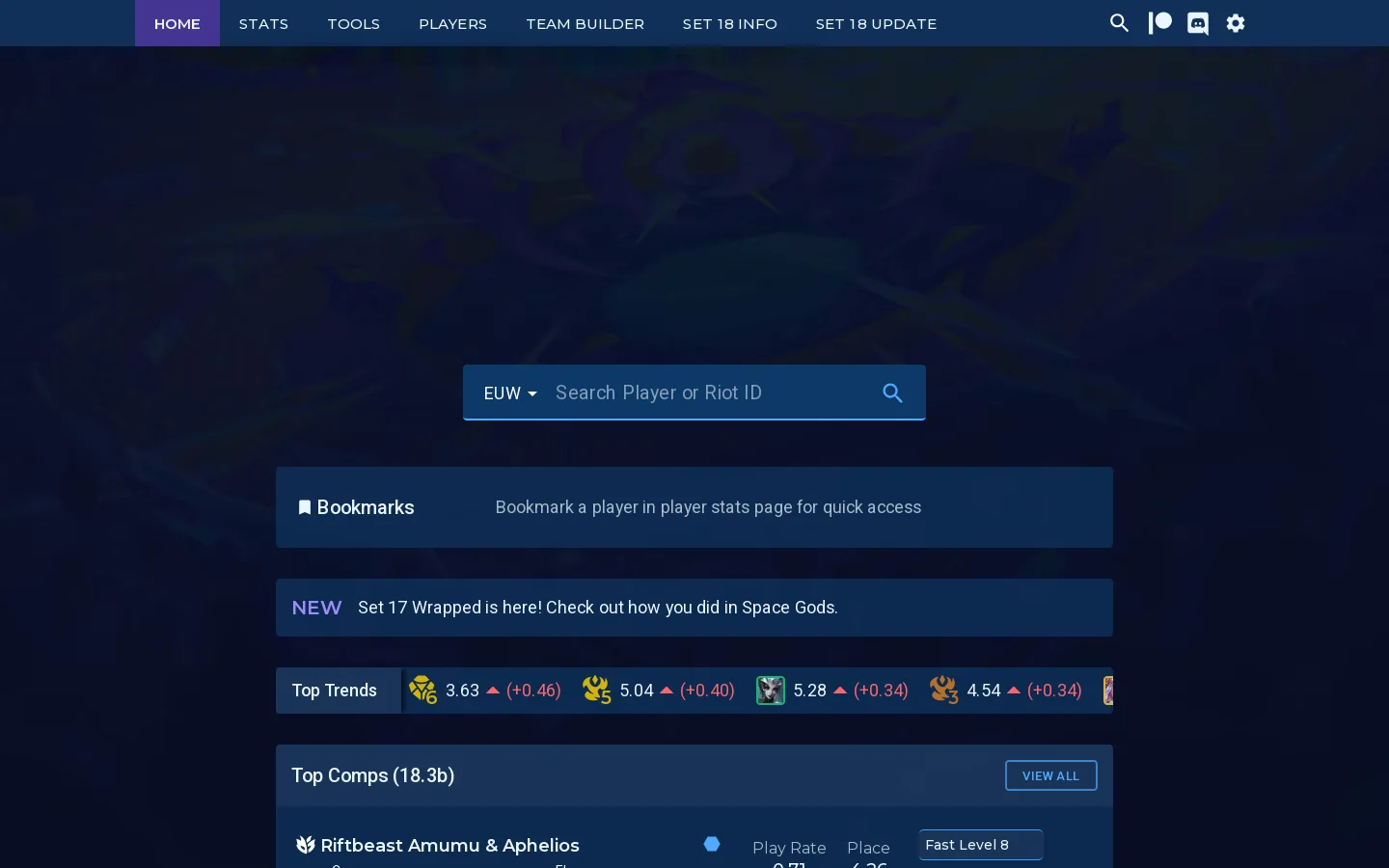 TFT Meta, Stats, Comps, Match History and more Teamfight Tactics tools Homepage screenshot