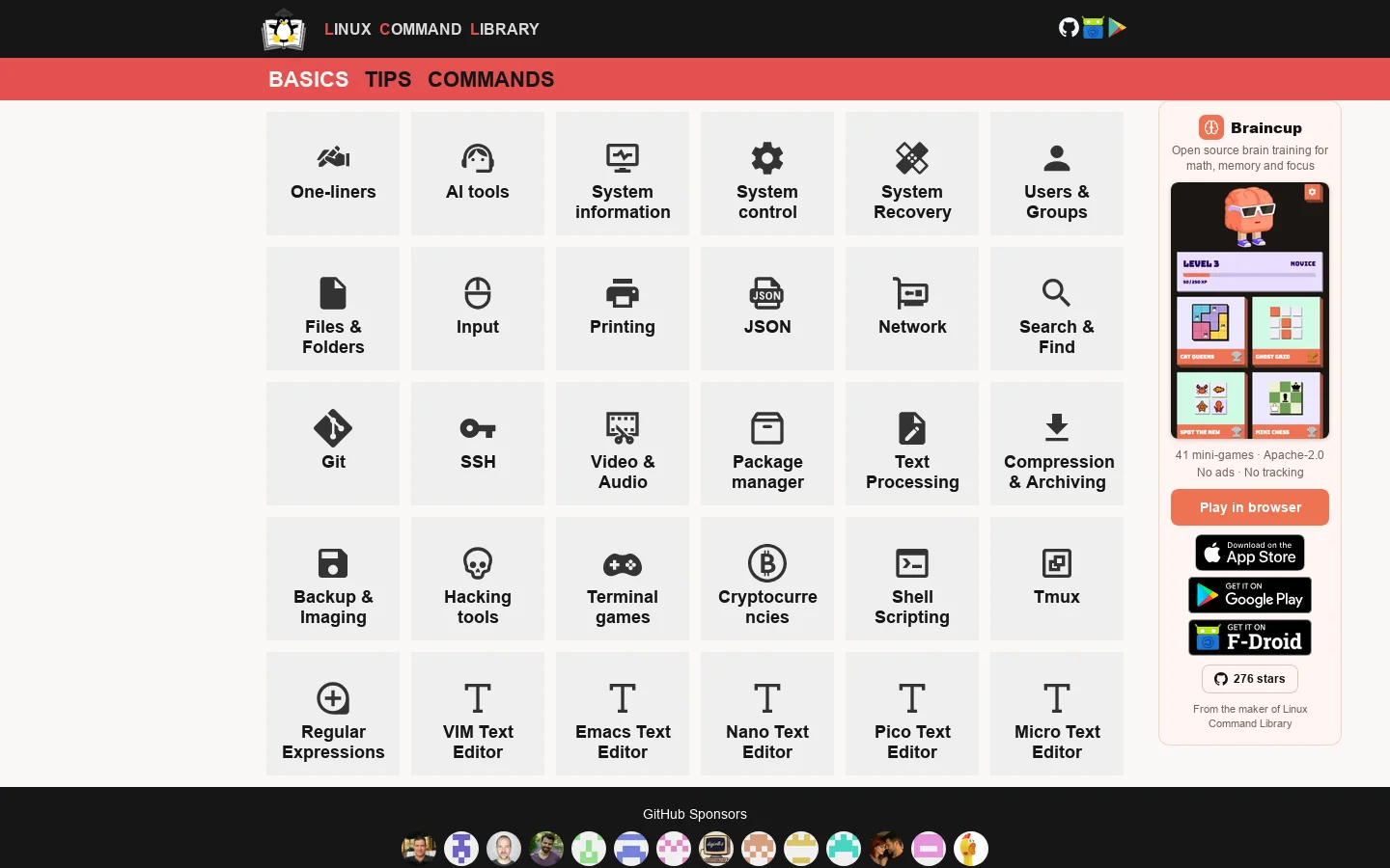 Linux Command Library Homepage screenshot