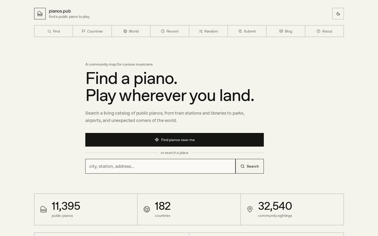 Find a public piano to play Homepage screenshot
