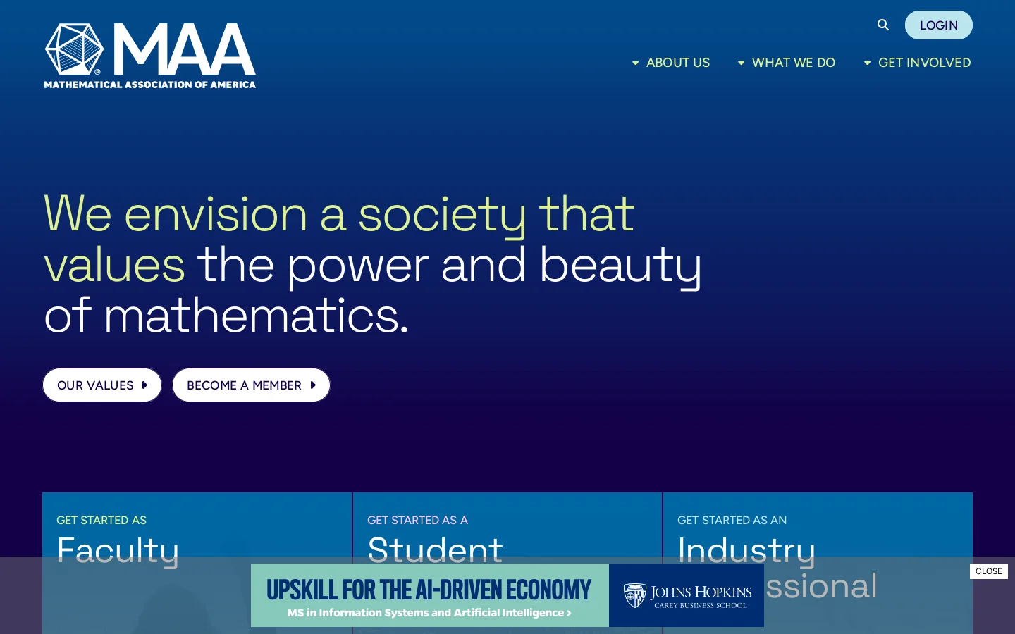 Mathematical Association of America – Advancing the understanding of mathematics and its impact on our world Homepage screenshot