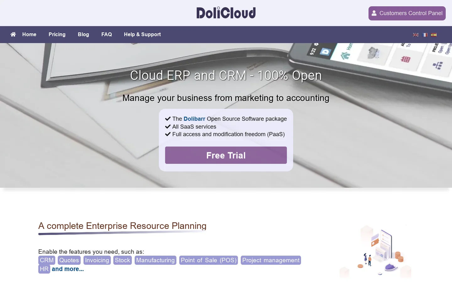 Cloud Open Source ERP and CRM for business - The online on demand SaaS hosting service for SME of Dolibarr suite Homepage screenshot