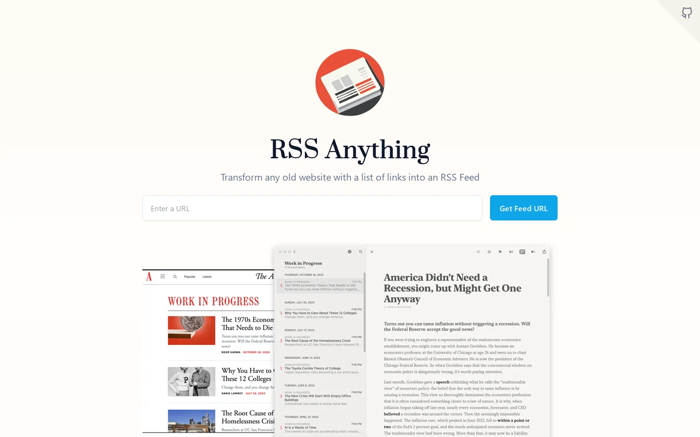 RSS Anything Homepage screenshot