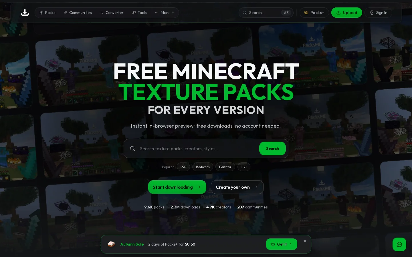 PacksMC Homepage screenshot