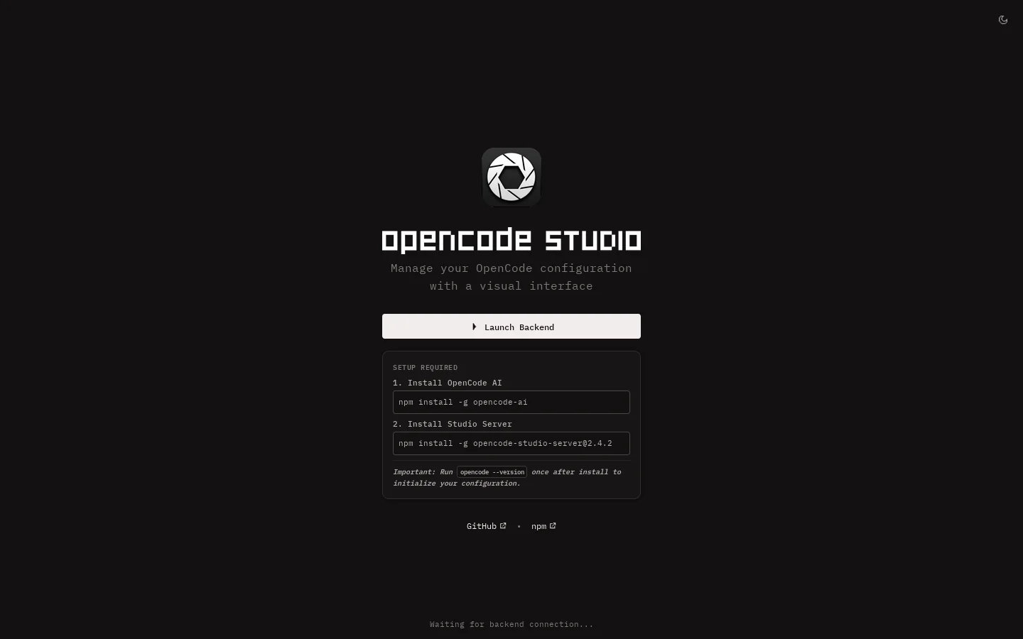 OpenCode Studio Homepage screenshot