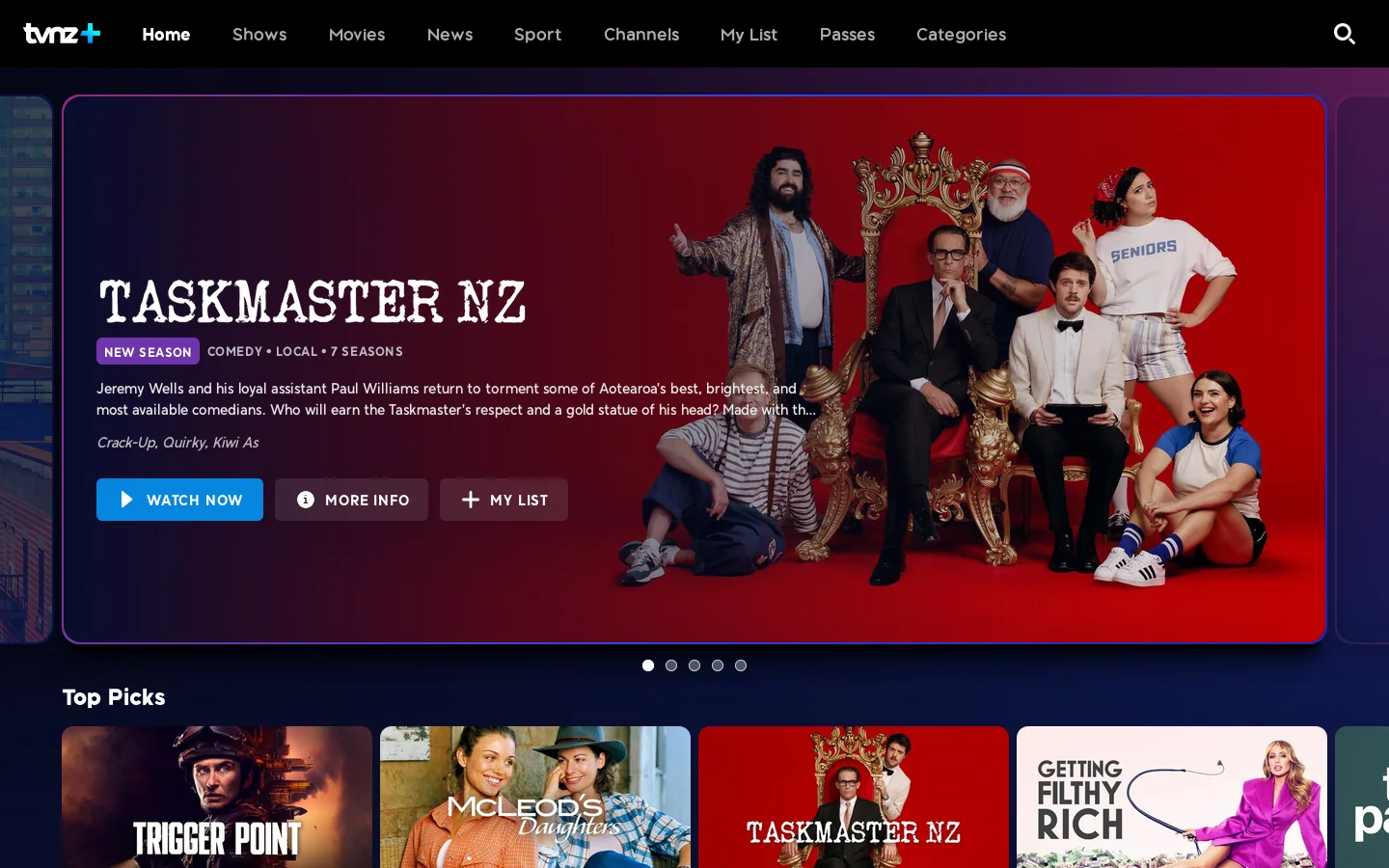 TVNZ+ Homepage screenshot