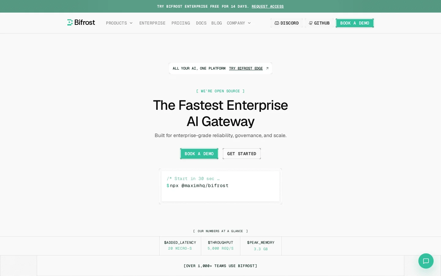 Bifrost (by Maxim AI) | Enterprise AI Gateway Built for Scale Homepage screenshot