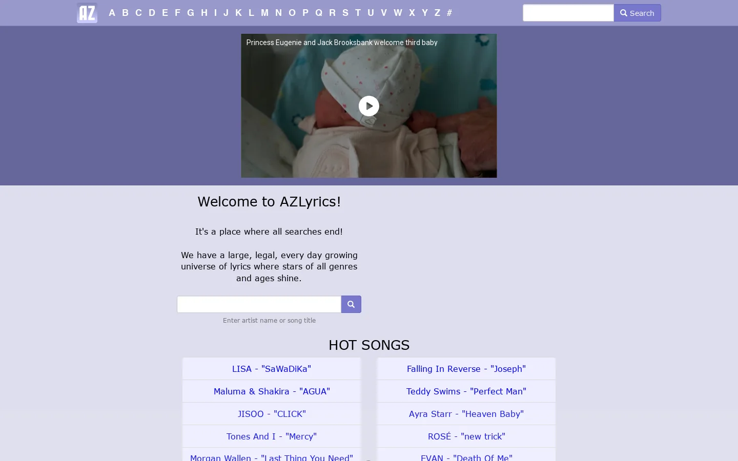 AZLyrics Homepage screenshot