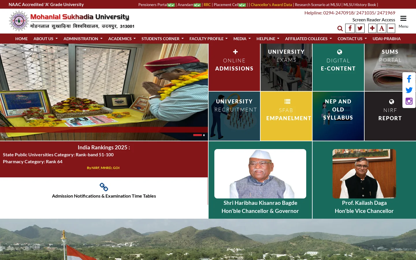 Welcome to Mohanlal Sukhadia University - Udaipur Homepage screenshot