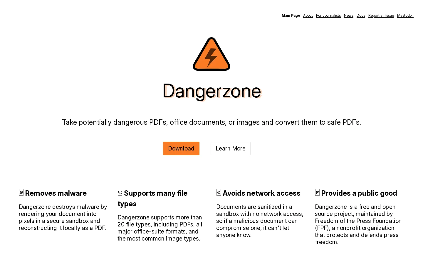 Dangerzone Homepage screenshot