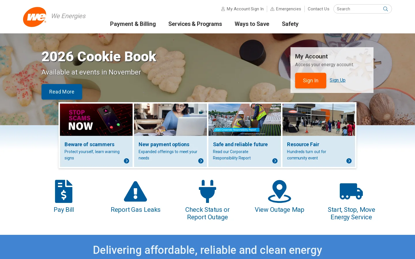 We Energies Homepage screenshot