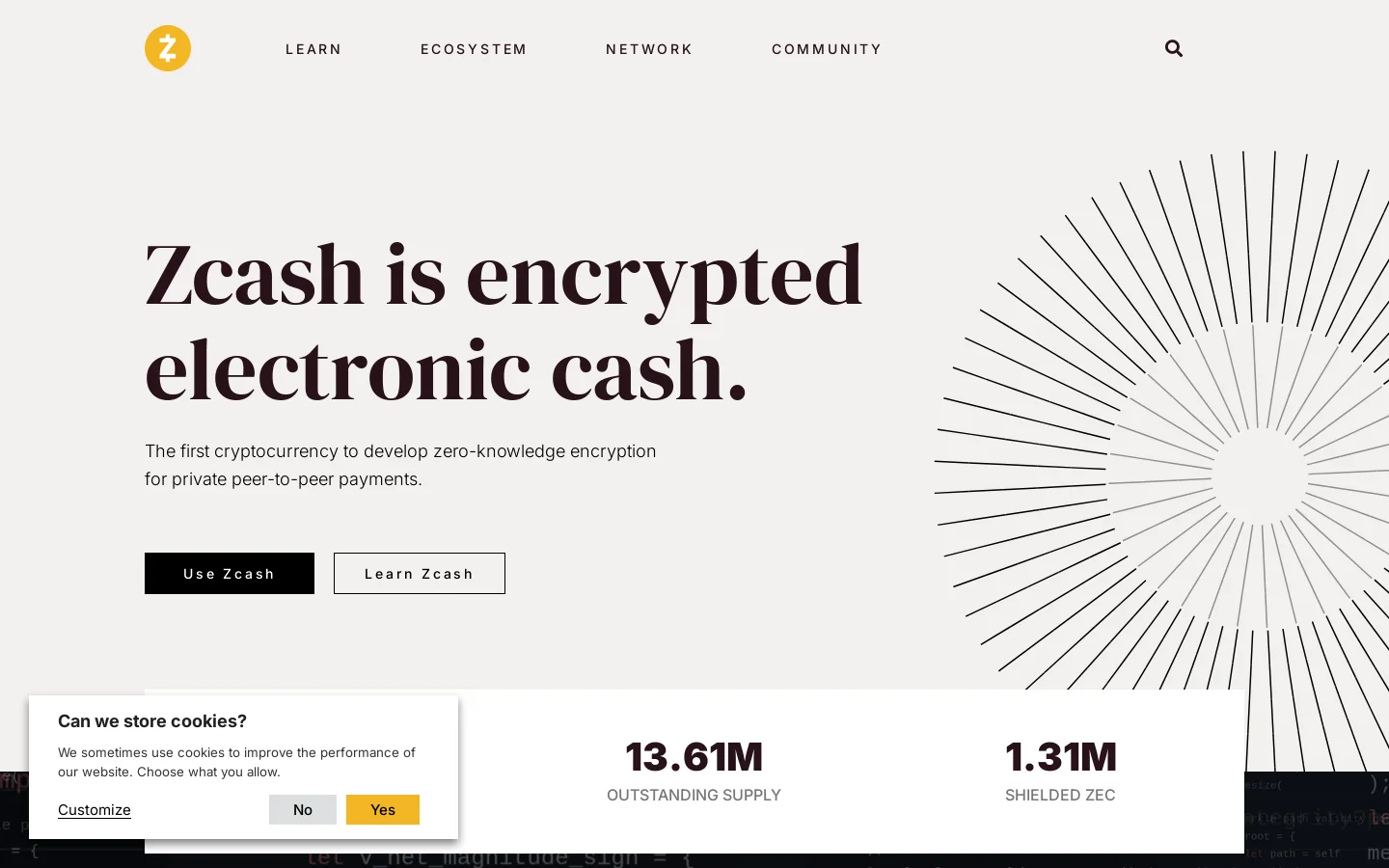 Zcash Homepage screenshot