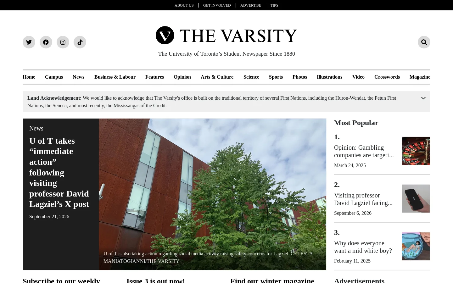 The Varsity Homepage screenshot