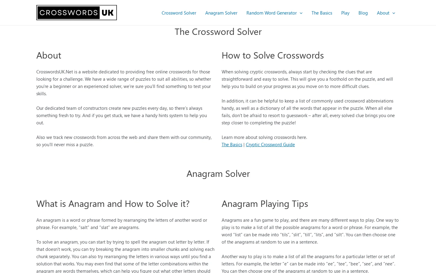 Crosswords UK Homepage screenshot