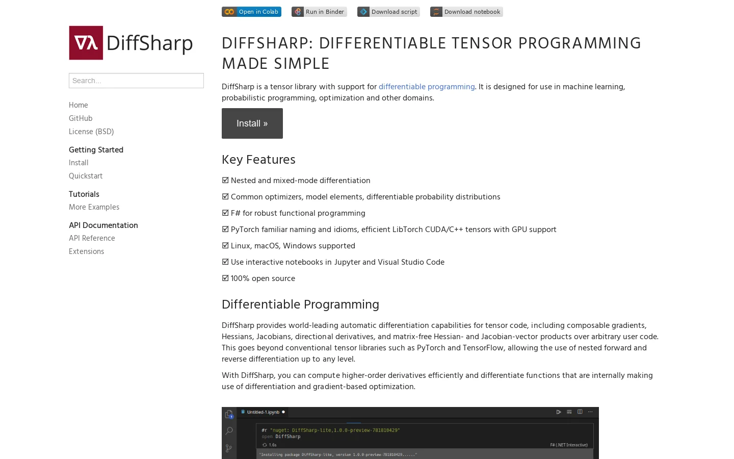 DiffSharp Homepage screenshot