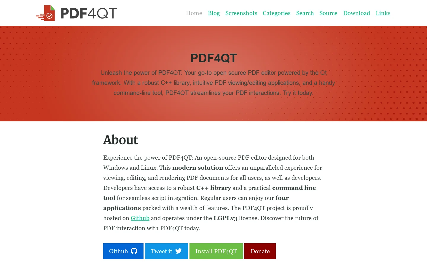 About | PDF4QT – PDF open source editor and reader Homepage screenshot