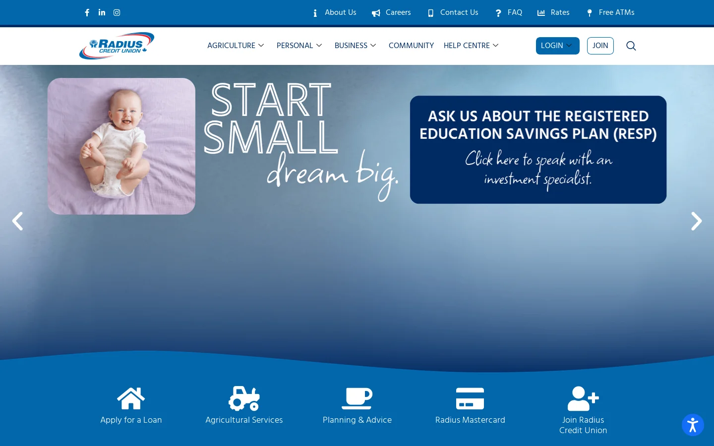 Radius Credit Union – Growing Together Homepage screenshot