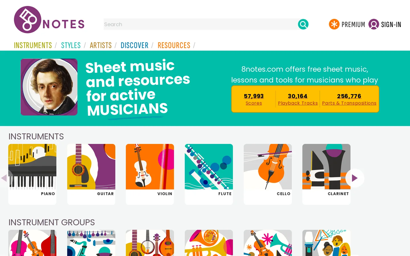 Free sheet music on 8notes.com Homepage screenshot