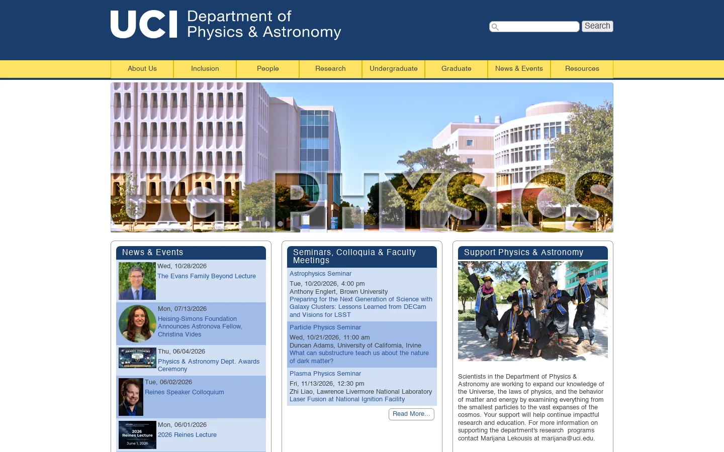UCI Physics and Astronomy Homepage screenshot