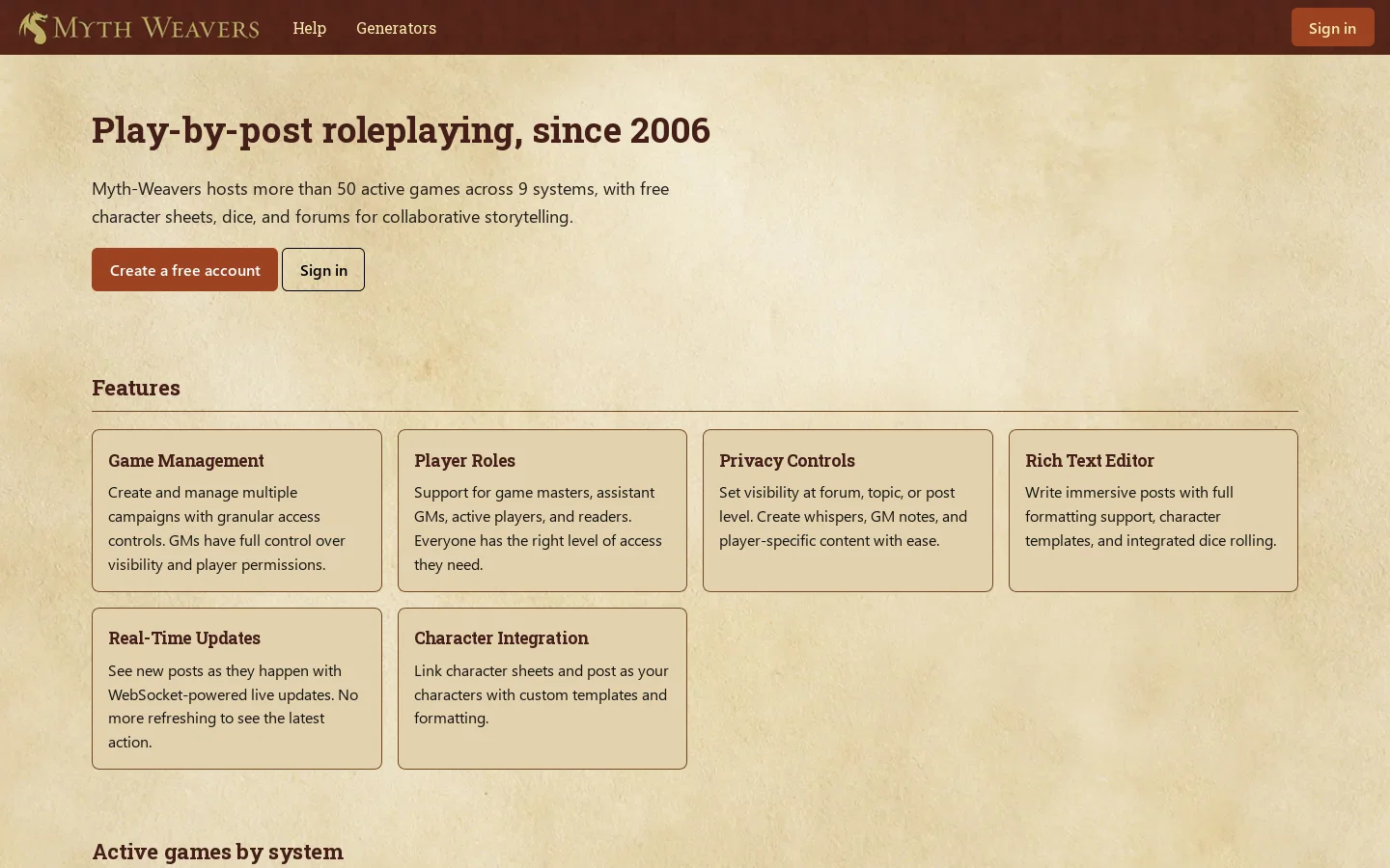 Myth-Weavers Homepage screenshot
