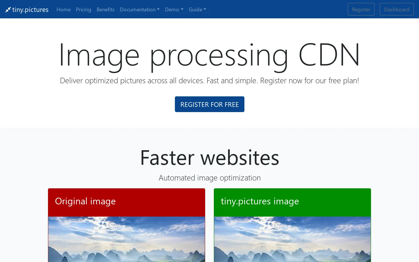 Image CDN & Real-time Cloud Processing • tiny.pictures Homepage screenshot