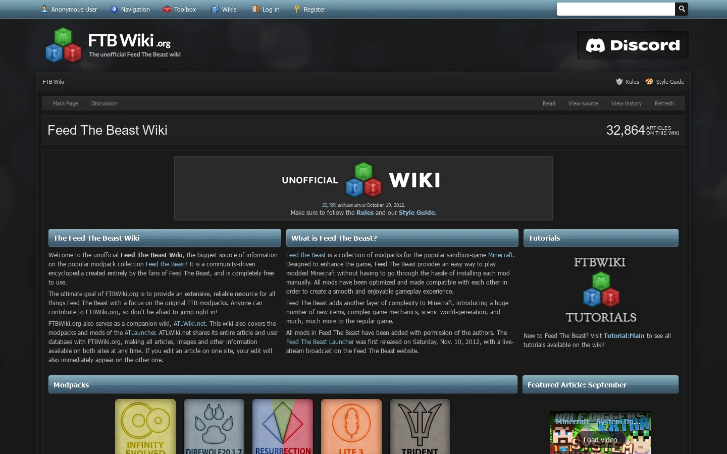 Feed The Beast Wiki Homepage screenshot