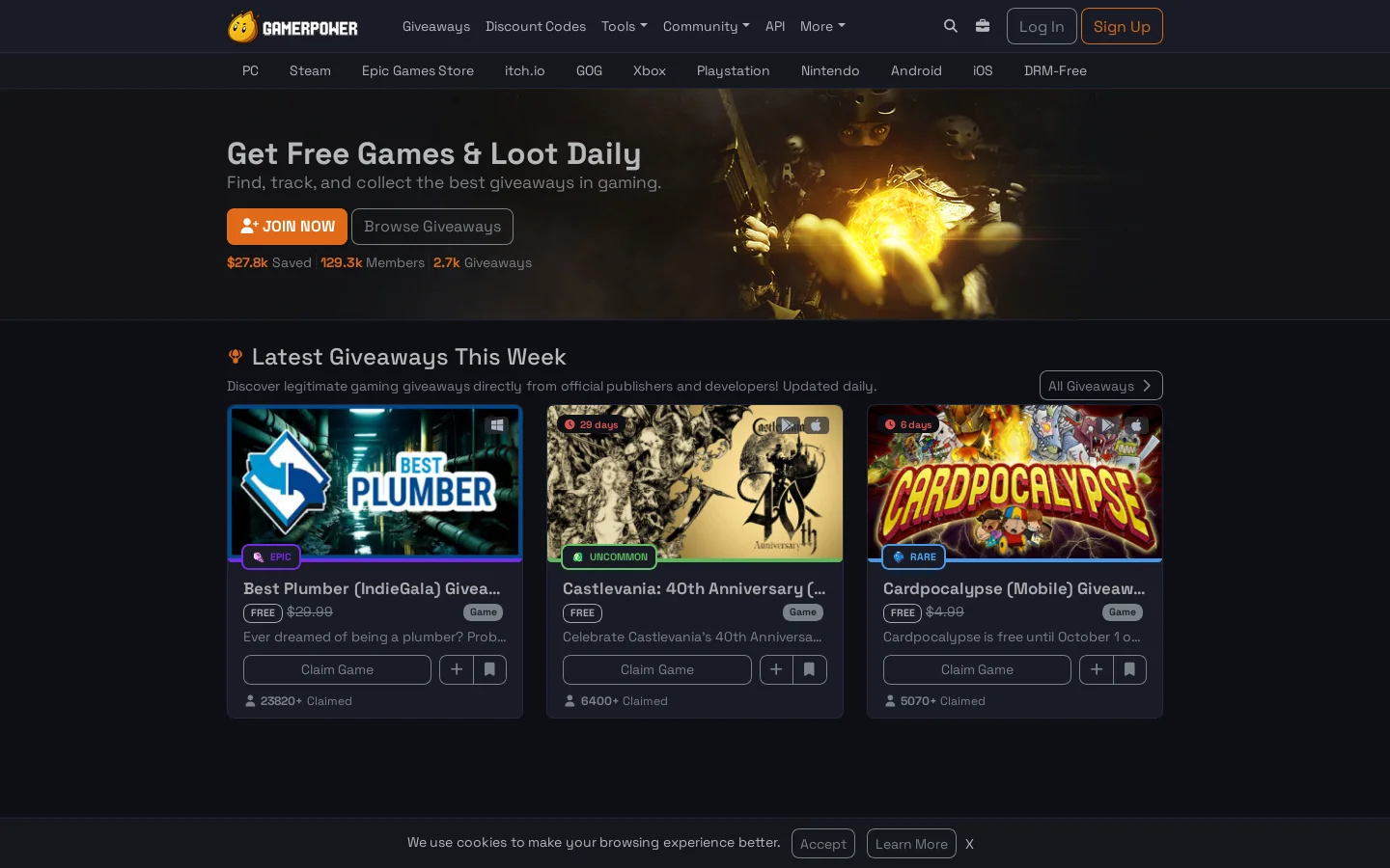 GamerPower Homepage screenshot